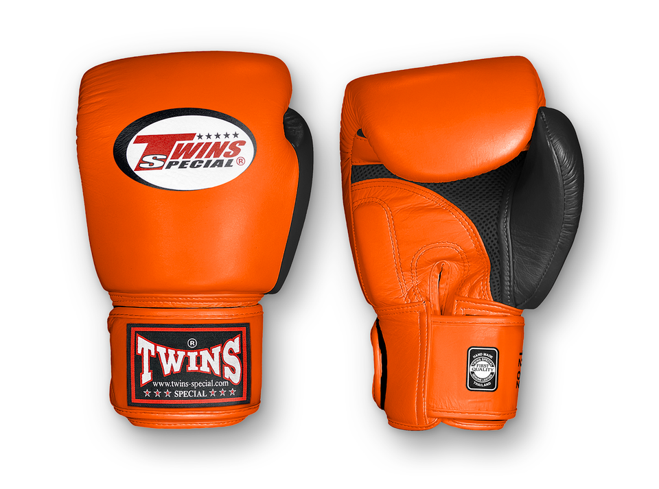 TWINS Boxing Gloves Air Velcro- Premium Leather - Black and Orange, Yellow, Light Blue, Pink, Olive