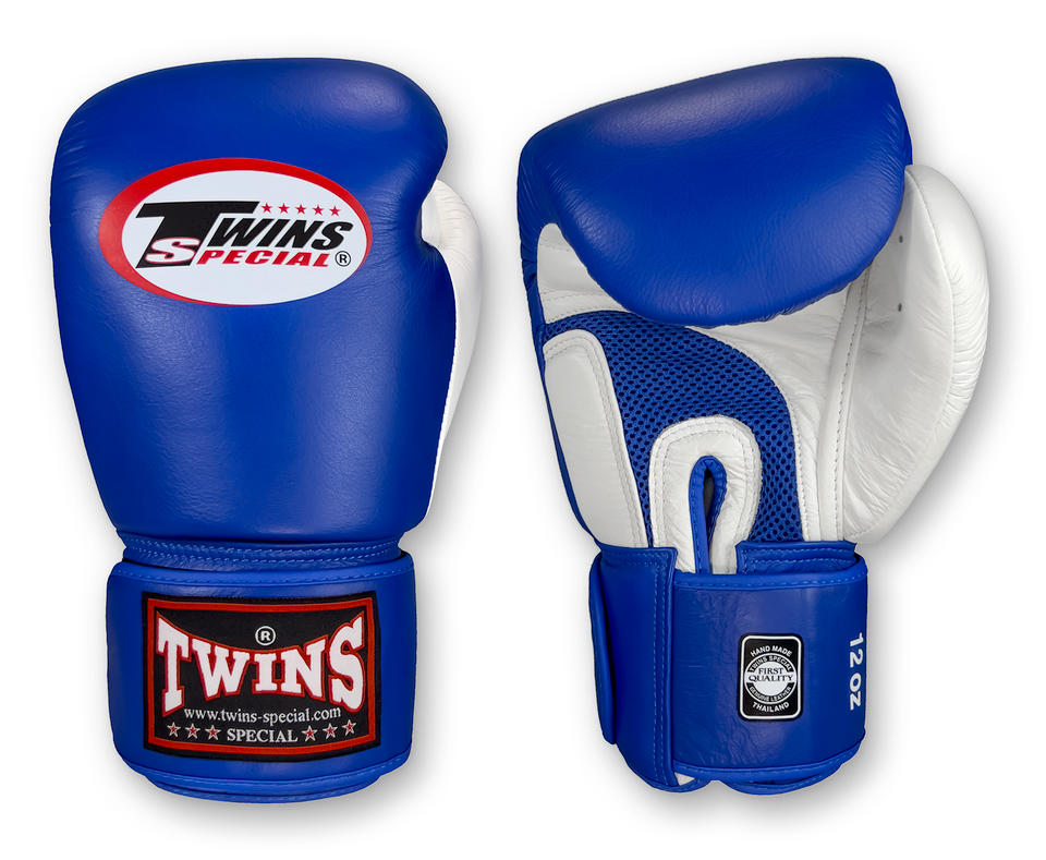 TWINS Boxing Gloves Air Velcro- Premium Leather - Blue-White