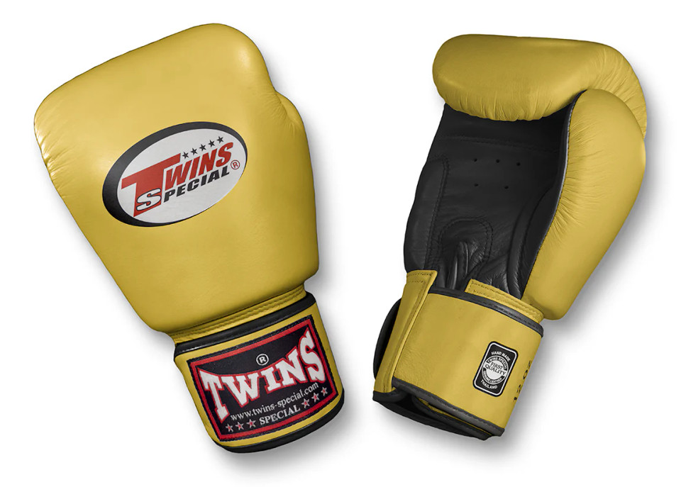 TWINS Boxing Gloves- Dual Color- Premium Leather w/ Velcro - Black Fist, Silver, Gold, Yellow - White Palm