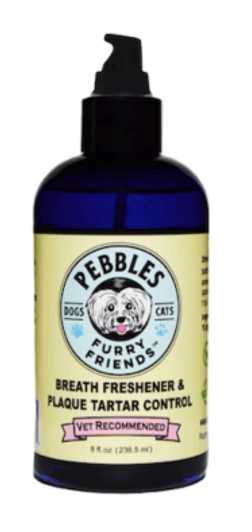PEBBLES FURRY FRIENDS BREATH FRESHNER AND PAQUE TARTAR CONTROL WITH SILVERSOL NANO SILVER