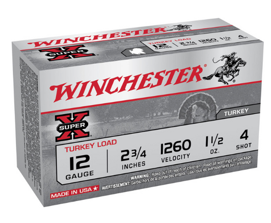 WINCHESTER SUPER-X TURKEY 12 GAUGE AMMUNITION 2 3/4'' 1 1/2 OZ #4 COPPER PLATED SHOT 100 ROUND CASE
