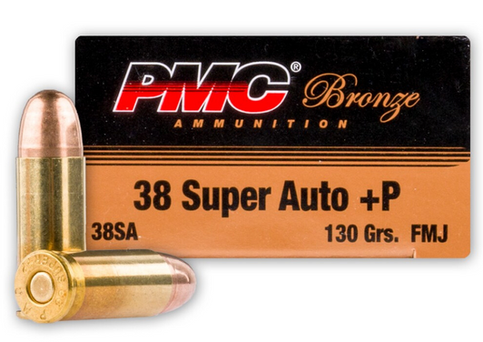 PMC BRONZE 38 SUPER +P 130 GRAIN FULL METAL JACKET 1100 FPS AMMUNITION -50 ROUND BOX