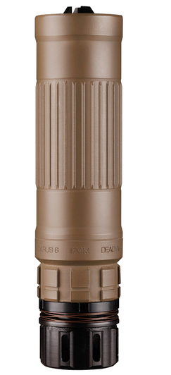 DEAD AIR LAZARUS 6 SUPPRESSOR 6MM 6.4'' LENGTH 1.63'' DIAMETER 1/2X28 KEYMICRO 3-PRONG FLASH HIDER 18.4 OUNCES FDE