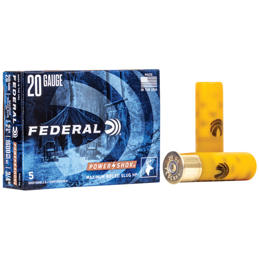 FEDERAL POWERSHOK 20 GAUGE 2.75" 2-3/4" RIFLED HOLLOW POINT SLUG AMMUNITION 1600 FPS - 5 ROUND BOX
