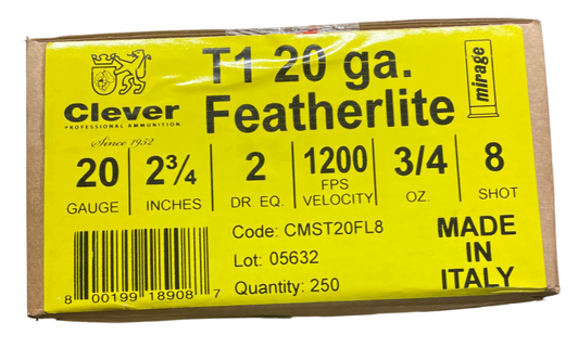 CLEVER 20 GAUGE SHOTGUN T1 FEATHERLITE 2.75 INCH 3/4 OUNCE #8 SHOTSHELL 250 ROUND CASE