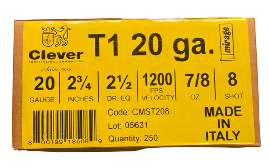 CLEVER 20 GAUGE SHOTGUN T1 1200FPS 2 3/4 INCH 7/8 OZ #8 SHOTSHELL 250 ROUND CASE