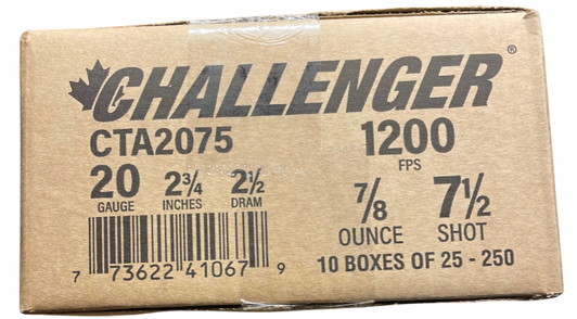 CHALLENGER 20 GAUGE SHOTGUN TARGET LOAD 2 3/4 INCH #7.5 SHOTSHELL 25 ROUND CASE