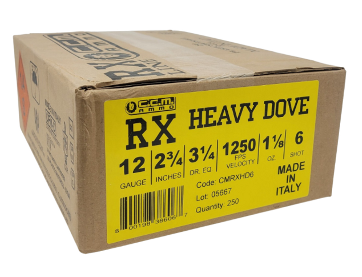 CLEVER RX HEAVY DOVE 12 GAUGE AMMUNITION 2 3/4'' 1 1/8 OZ # 6 SHOT 1250 FPS - 250 ROUND CASE