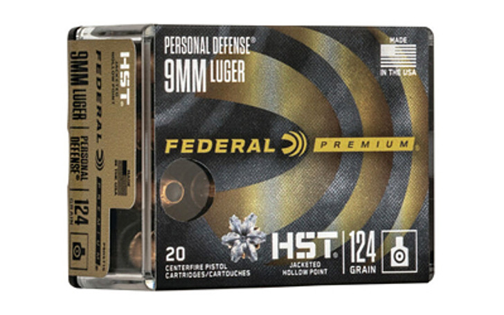 FEDERAL PERSONAL DEFENSE HST 9MM 124 GRAIN JACKETED HOLLOW POINT 1200 FPS - 20 ROUND BOX