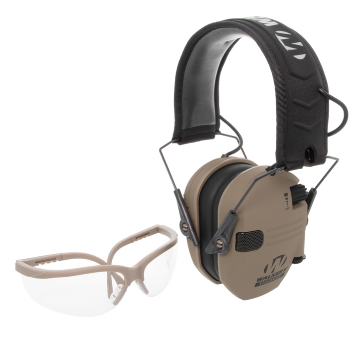 WALKERS RAZOR ELECTRONIC EAR PROTECTION FDE INCLUDES MATCHING FDE CLEAR SHOOTING GLASSES