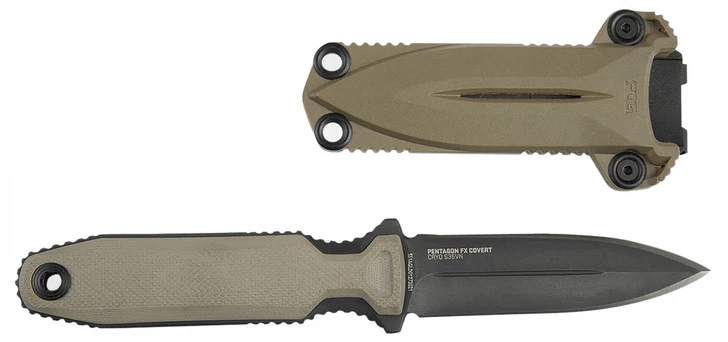 SOG PENTAGON FX COVERT KNIFE 3.41'' FIXED SPEAR POINT TITANIUM NITRIDE CRYO CPM S35VN BLADE G10 FLAT DARK EARTH HANDLE