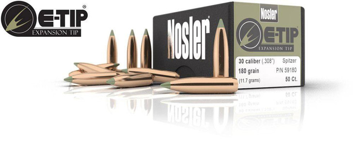 NOSLER 30 CAL 180 GR SPITZER BOAT TAIL E TIP BULLETS - 50 COUNT