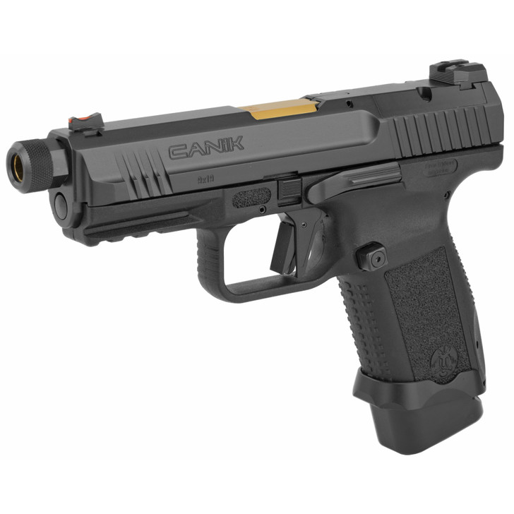 CANIK TP9SF COMBANT EXEC 9MM 4.73" SALIENT PVD GOLD FINISH THREADED BARREL 15 & 18 ROUND MAGS FIBER OPTIC FRONT AND OPTICS READY SLIDE W/ 1 ADAPTER PLATE - BLACK