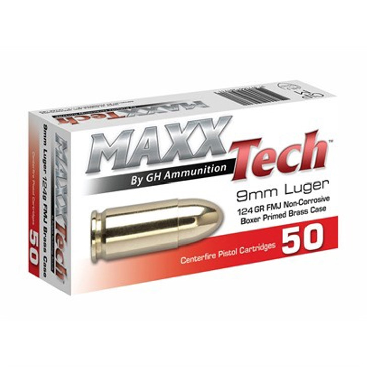 GH AMMUNITION MAXX TECH 9MM LUGER 124 GRAIN FMJ NON CORROSIVE BOX PRIMED BRASS CASE AMMUNITION - 1000 ROUND CASE