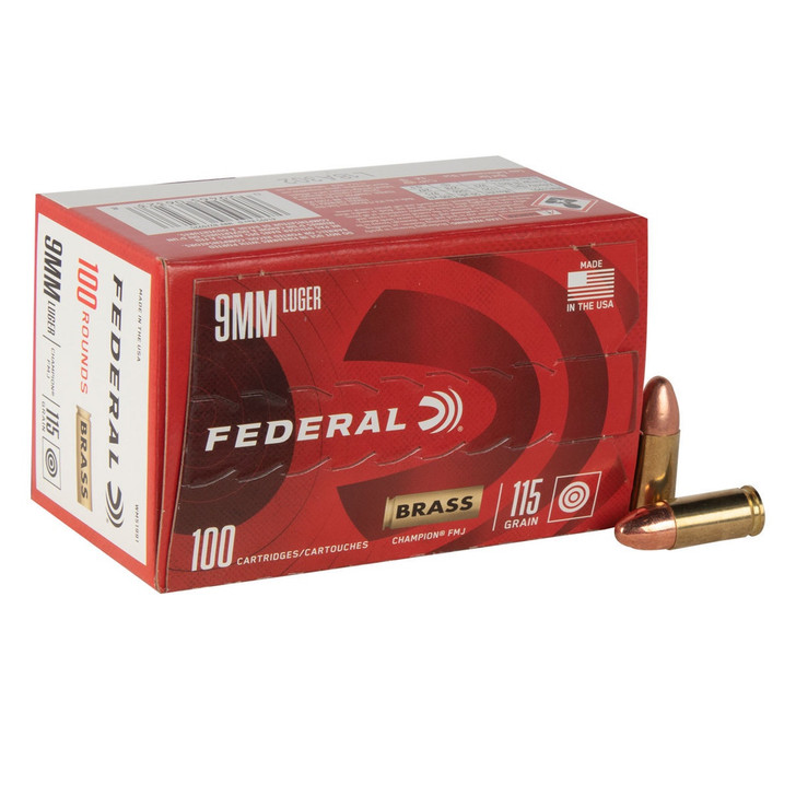 FEDERAL CHAMPION BRASS 9MM 115 GRAIN FMJ - 100 ROUNDS