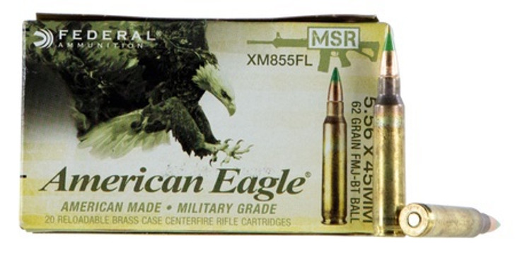 FEDERAL AMMO 5.56X45MM 62 GRAIN FULL METAL JACKET BOAT TAIL XM855FL MILITARY GRADE AMMUNITION - 20 ROUND BOX