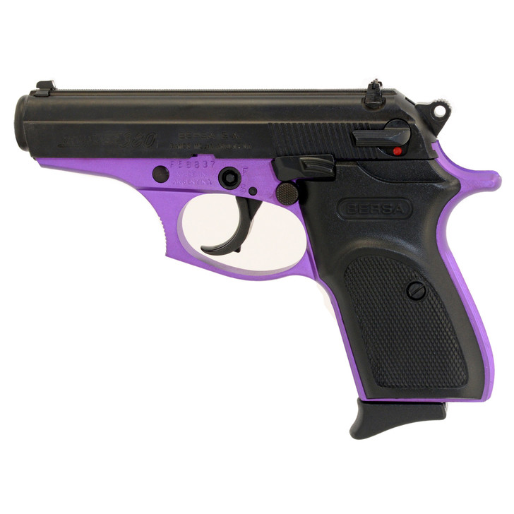 BERSA THUNDER SEMI AUTO DA/SA COMPACT 380 ACP 3.5" BARREL ALLOY FRAME 8 ROUND FIXED SIGHTS POLYMER GRIPS - BLACK/PURPLE