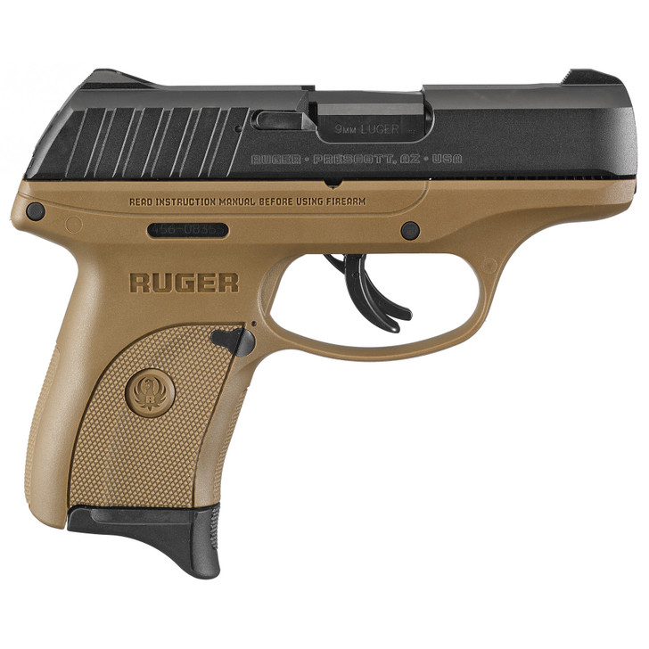 RUGER EC9S SEMI AUTO COMPACT 9MM 3.1" BARREL 7 ROUND 1 MAG THUMB SAFETY FIXED SIGHTS INTEGRATED INTO THE SLIDE - BLACK OXIDE WITH FDE NYLON FRAME