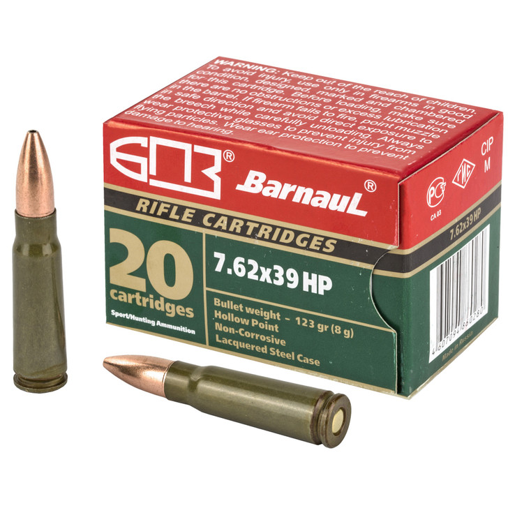 BARNAUL AMMUNITION 7.62X39 123 GRAIN HOLLOW POINT STEEL LACQUERED CASE 2533 FPS - 20 ROUND BOX