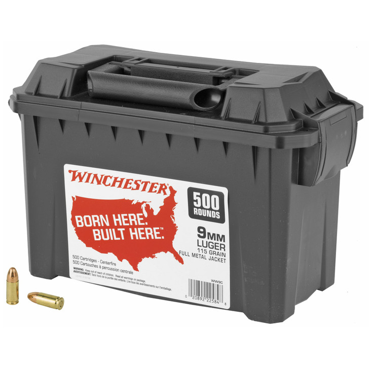 WINCHESTER AMMUNITION USA 9MM 115 GRAIN FULL METAL JACKET 1190 FPS - 500 ROUND AMMO CAN