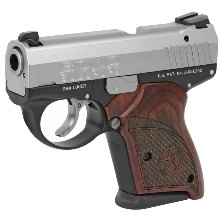 BOND ARMS BULLPUP 9MM 3.35" 7 ROUND DOUBLE ACTION - STAINLESS WITH ROSEWOOD GRIPS