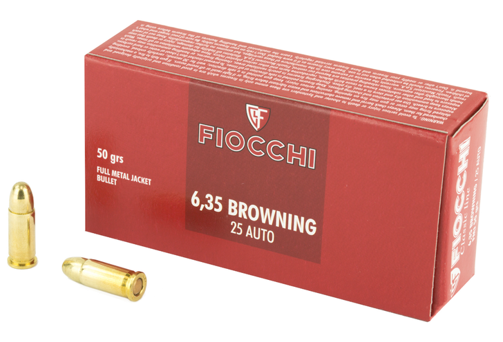 FIOCCHI AMMUNITION CENTERFIRE PISTOL 25ACP 50 GRAIN FULL METAL JACKET 50 ROUND BOX