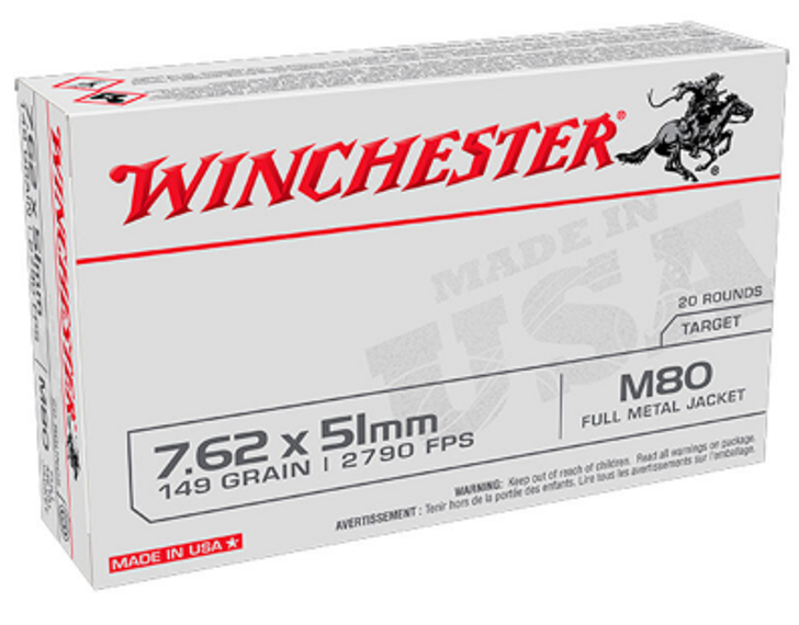 WINCHESTER AMMUNITION M80 762NATO 149GR FULL METAL JACKET 20 ROUND BOX