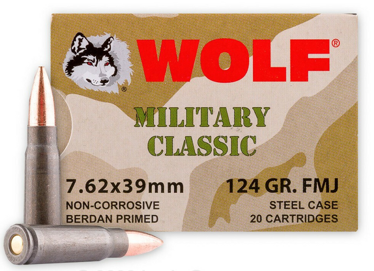 WOLF MILITARY CLASSIC AMMO 7.62X39MM 124GR FMJ 20 ROUND BOX