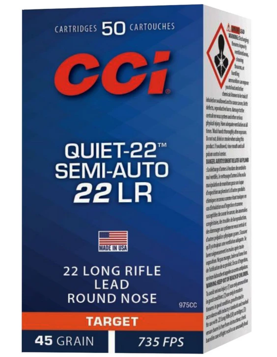 CCI QUIET-22 SEMI-AUTO 45 GR SOFT POINT .22LR AMMO - 50 ROUND BOX - 835 FPS
