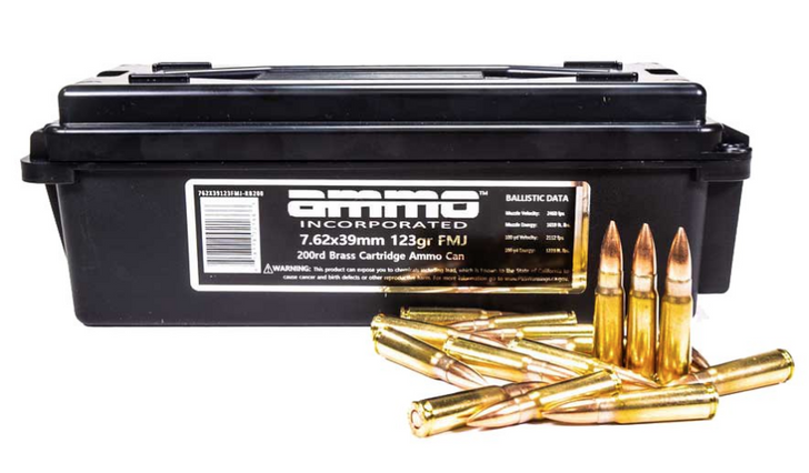 AMMO INC 7.62X39 123 GRAIN 2460 FPS FMJ BRASS CASED - 200 ROUND AMMO CAN