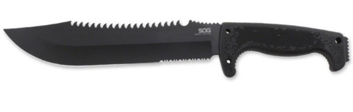 SOG KNIVES & TOOLS FUSION JUNGLE PRIMATIVE 9.5'' PARTIALLY SERRATED CLIP POINT 8CR13MOV HARDCASED FINISH BLACK INCLUDES NYLON SHEATH