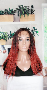 22" Hand-braided Whole Lace Human Hair Wet and Wavy Braided Wig Color Ombre Red 22" Hand-braided Whole Lace Human Hair Wet and Wavy Braided Wig Color Ombre Red