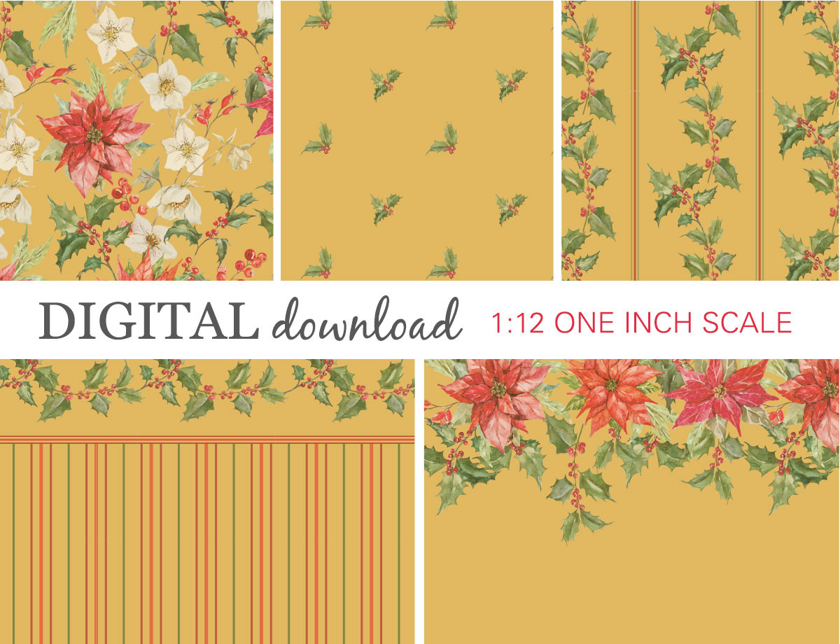 Preview image of 1:12 scale printable dollhouse wallpaper in gold color for Christmas, designed for miniatures and shown as digital sheets ready for instant download and printing.