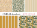 Preview image of 1:12 scale printable dollhouse wallpaper in gold and ivory, designed for miniatures and shown as digital sheets ready for instant download and printing.