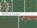 Preview image of 1:12 scale printable dollhouse wallpaper in dark green for Christmas, designed for miniatures and shown as digital sheets ready for instan t download and printing.