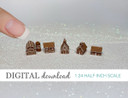 Preview image of 1:24 scale printable dollhouse gingerbread houses designed for miniatures and offered as digital sheets ready for instant download and printing.