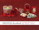 A group of 1:12 scale dollhouse miniature Valentine’s Day decorations, including tiny greeting cards, heart-shaped chocolate box, and vintage basket. Digital SVG and PNG files for Cricut Print Then Cut.
