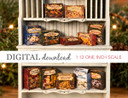 Preview image of 1:12 scale printable dollhouse Christmas cookie boxes designed for miniatures and offered as digital sheets ready for instant download and printing.