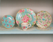 Blue Chintz Decals for one inch scale dollhouse miniature dishes