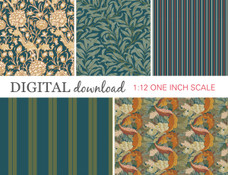 Preview image of 1:12 scale printable dollhouse wallpaper in gray and dark blue and gold, designed for miniatures and shown as digital sheets ready for instant download and printing.