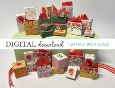 Preview image of 1:24 scale printable dollhouse Christmas gift boxes and bags designed for miniatures and offered as digital sheets ready for instant download and printing.