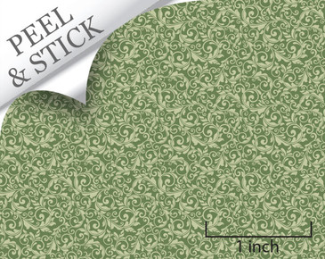 Tendril pattern, moss green color. 1:48 quarter scale peel and stick wallpaper