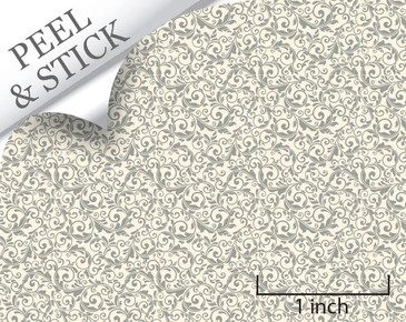 Tendril pattern, pewter color. 1:48 quarter scale peel and stick wallpaper