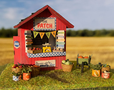 1:48 scale DIY miniature vegetable stand with a patched roof, tiny crates and bushel baskets of vegetables, a wheelbarrow, and rustic signs. Perfect for dollhouse displays, model railroads, and diorama scenes. 1:48 scale DIY miniature vegetable stand with a patched roof, tiny crates and bushel baskets of vegetables, a wheelbarrow, and rustic signs. Perfect for dollhouse displays, model railroads, and diorama scenes.