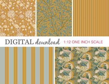 Preview image of 1:12 scale printable dollhouse wallpaper in gold, designed for miniatures and shown as digital sheets ready for instant download and printing.