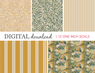 Preview image of 1:12 scale printable dollhouse wallpaper in gold and ivory, designed for miniatures and shown as digital sheets ready for instant download and printing.