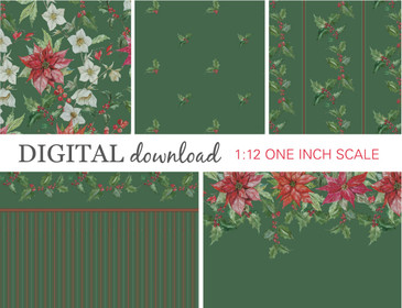 Preview image of 1:12 scale printable dollhouse wallpaper in dark green for Christmas, designed for miniatures and shown as digital sheets ready for instan t download and printing.