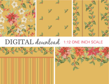 Preview image of 1:12 scale printable dollhouse wallpaper in gold color for Christmas, designed for miniatures and shown as digital sheets ready for instant download and printing.