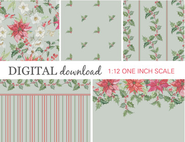 Preview image of 1:12 scale printable dollhouse wallpaper in light green color for Christmas, designed for miniatures and shown as digital sheets ready for instant download and printing.