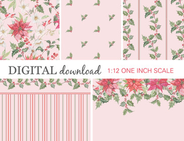 Preview image of 1:12 scale printable dollhouse wallpaper in pink color for Christmas, designed for miniatures and shown as digital sheets ready for instant download and printing.